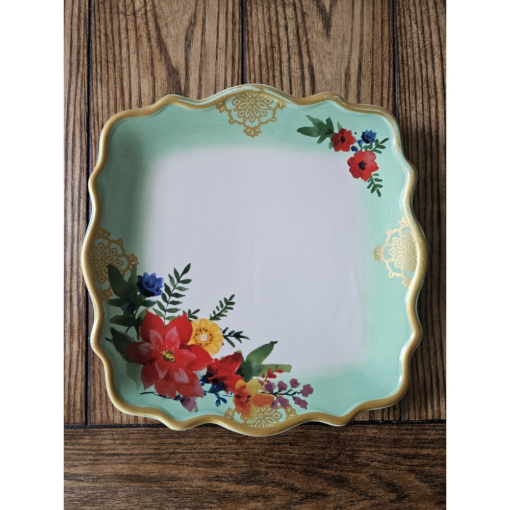 Pioneer Woman Winter Bouquet Square Dinner Plate Mint Green Floral Poinsettia